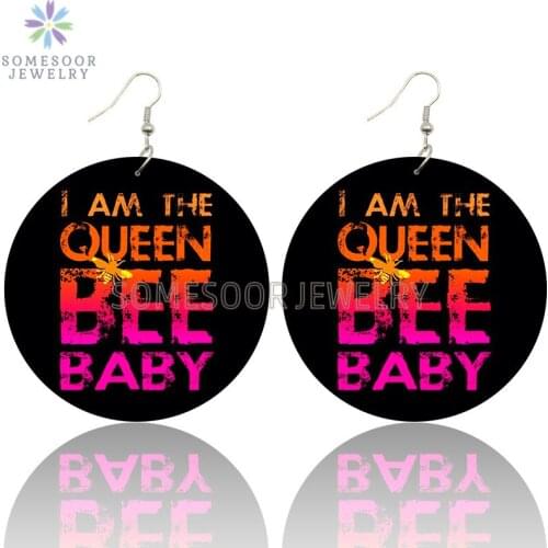 SOMESOOR I’m The Queen Bee Baby Wooden Drop Earrings Educated Black Printed Locs Loops Wood Pendant Dangle Jewelry For Women Gi