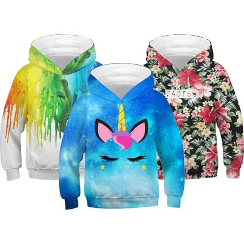 Big Kids Unicorn Girls Hooded Sweatshirt Autumn Coats For Boys And Girls Full print Flower Kids Coats Children Pullover Tops