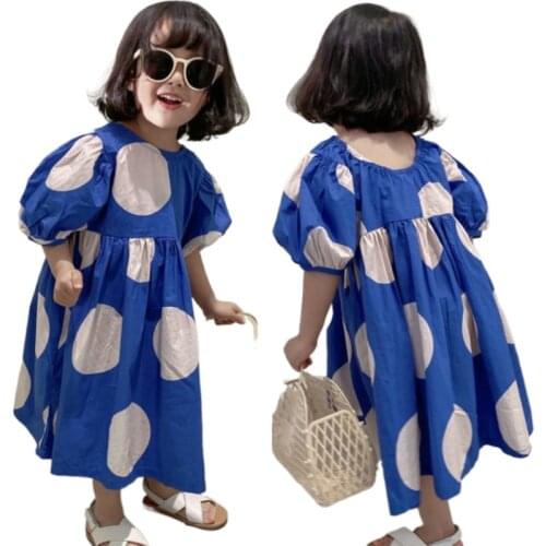 Summer Kids Dresses for Girls Mixed Cotton Fashion Design Dot Print Baby 2 3 4 5 6 7 8 Yearsl Old Long Dress Children Clothes