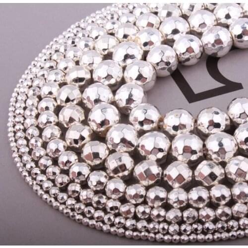Natural Hematite Silvers Faceted Round Loose Beads 2/3/4/6mm Stone Beads For DIY Necklace Bracelet Jewelry Making Strand 15"