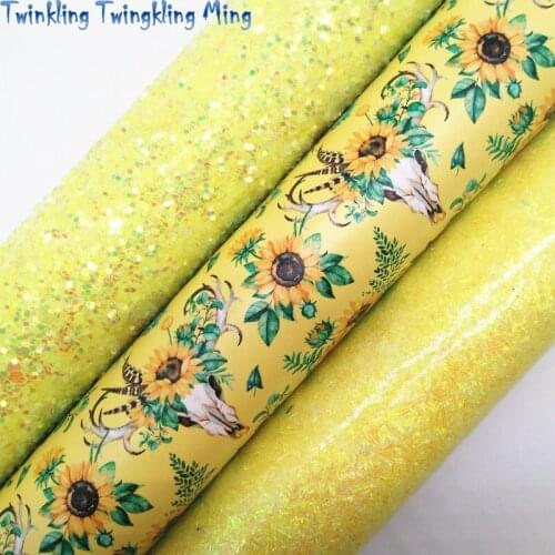 Yellow Chunky Glitter Leather, Smooth Glitter Fabric, Sunflowers Printed Synthetic Leather For Bow 21x29CM Twinkling Ming KM439