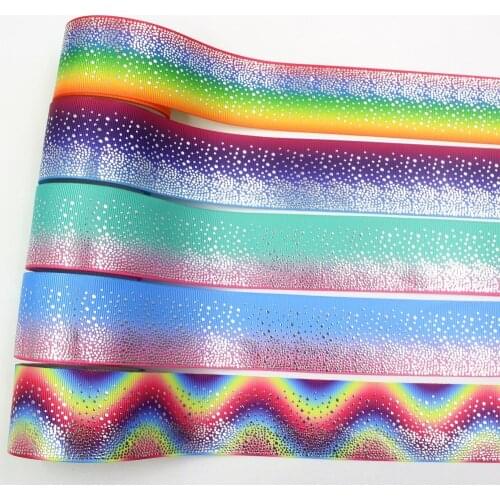 I-19911-2126,1-1/2‘’,5yards rainbow gradient hot Silver dots Printed grosgrain Ribbons,bow cap accessories and decorations