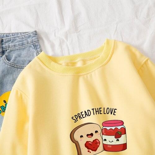 Kpop Letter Women Sweatshirts Korean Style Cute Pullover Girls Autumn Cotton Warm Strawberry Jam Love Bread 90s Graphic Hoodie