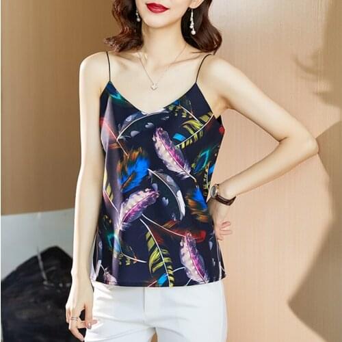 Summer Korean Fashion Chiffon Tank Top Women Satin Office Lady Tank Top Feather Pattern Plus Size XXXL/5XL for Women