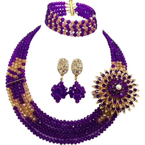 Fashion Purple Gold Multi Strands Nigerian Wedding Necklace Costume African Beads Jewelry Set for Women 5L-YH12