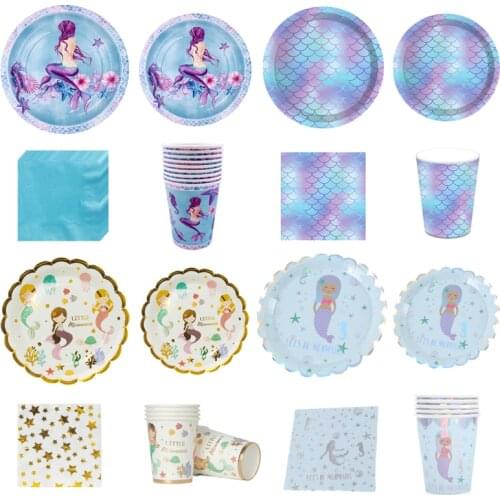 Dream Mermaid Series Paper Cups Plates Straw Napkins Tablecloth Disposable Tableware Set Girls Mermaid Birthday Party Supplies