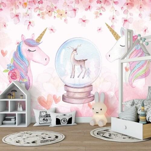 Custom Mural 3D Pink Hand Painted Flower Deer Horse Art Wall Painting Bedroom Children Room Background Photo Wallpaper Kids Room