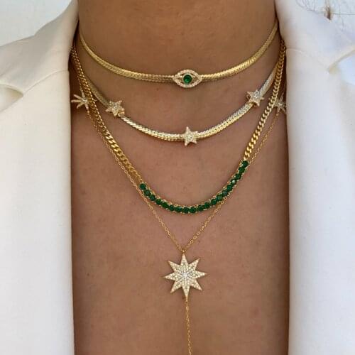 New Gold Color Green CZ Eye Pendant Necklace With Layered Snake Chain Link Evil Eye Charm Necklace Women Jewelry