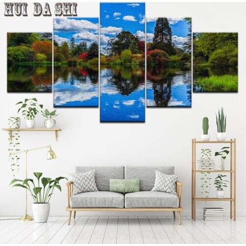 Canvas Print Painting green forest with its reflection on the lake Landscape Wall Art Picture for Living Room No Frame 5 Pieces
