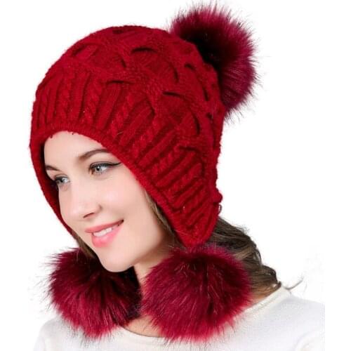 HT2734 Thick Warm Women Winter Hat High Quality Rabbit Fur Hat Pompoms Skullies Beanies Lady Knitted Hat Female Solid Beanie Hat