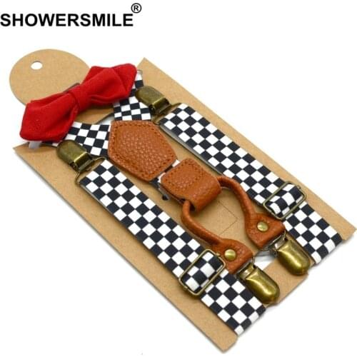 Baby Suspenders Black White Checkered Boys Suspender Formal Designer Suspender Bow Tie Children 4 Clips Brace 65cm*2.5cm