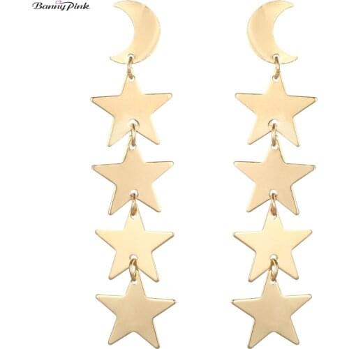 Banny Pink Shiny Metal Star Statement Studs Earrings For Women Party Crescent Moon Post Earrings Long Pendant Earrings Brincos