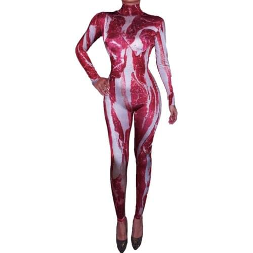 Sexy Women Stretch Skinny Party Jumpsuit Nightclub Makeover Prom Beef Meat Print Rompers Dancer Bodysuit Stage Leotard Costumes