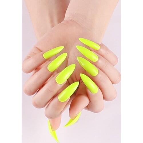 Extra long pointed oval fake nails slim art salon nail crystal diamond nail light green 076