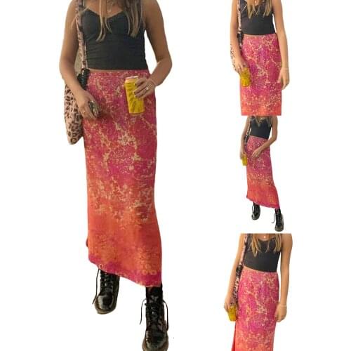 2021 Y2K Women Summer Bottom Skirt Floral Print High-Waist Long Casual Semi-Dress for Girls, Orange Red
