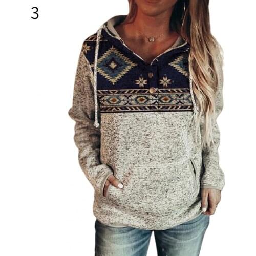 Women Digital Print Hoodie Sweatshirt Buttons Long Sleeve Autumn Winter Pullover