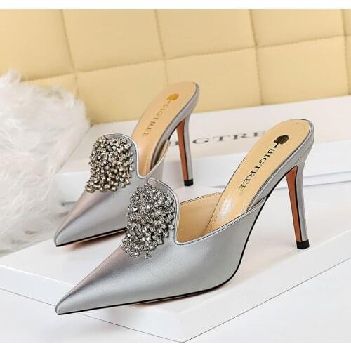 2021 Luxury Women 10.5cm Hig Heels Slides Party Mules Female Gold Silver Heels Closed Toe Crystal Slippers Outsides Prom Shoes