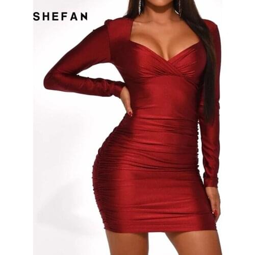 Shefan Sexy Bandage Bodycon Dress Women Ruch V-neck Backless Long Sleeves Mini Dress Solis Winered Celebrity Party Club Vestidos