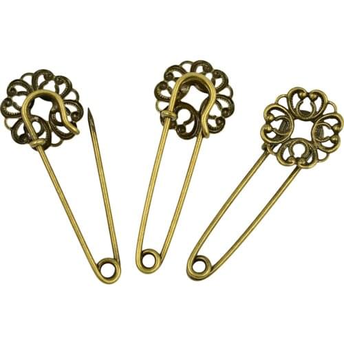 10pcs Blank Filigree Flower DIY Hijab Brooches Safety Pins Settings Bronze