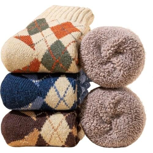 Super Thick Winter Women Wool Socks Middle Tube Diamond Plaid Fashion Harajuku Retro Warm Terry Boot Crew Socks 5 Pairs