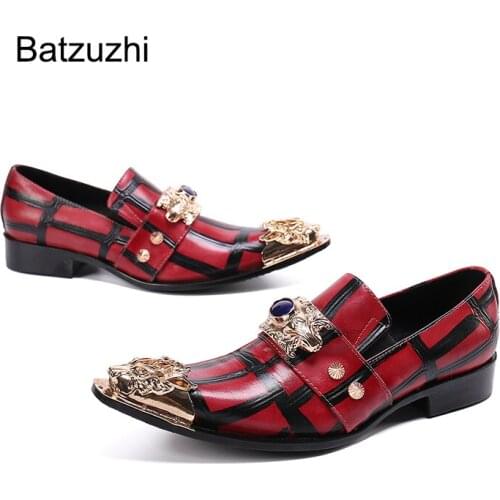 Batzuzhi Italian Style Mens Shoes Red Genuine Leather Dress Shoes Men Pointed Iron Toe Slip on Party & Wedding Shoes for Men