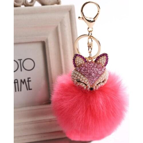 Charms Crystal Pearl Faux Fox Fur Keychain Women Lovely Trinkets Bags Car Key Chain Key Ring Toy Gifts Llaveros Jewelry Pendant