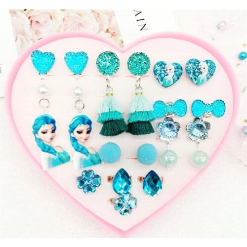 Disney Childrens Princess Earrings Ring Love Gift Set Acrylic Flash Drill Fringe Ear Clips without Pierced Ears Frozen