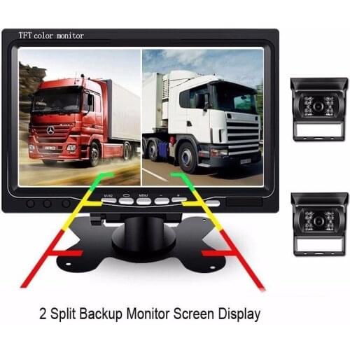 Vehicle Backup Camera 7 Inch 2 Split Monitor Rear View Camera 18 IR Night Vision 2*65 ft Cables for Trailer Bus Trucks 12V-24V