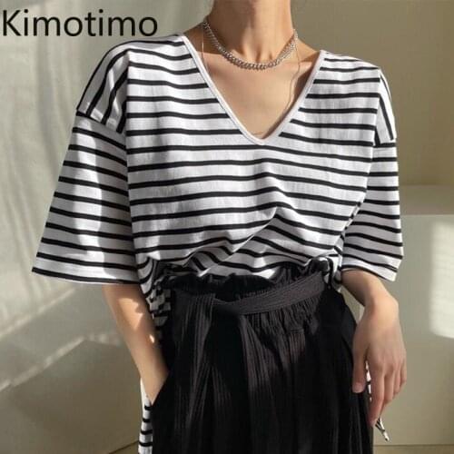 Kimotimo Casual Striped T-shirt Women Korean Chic Lazy V-neck Color Contrast Design Loose Tops All-match Short Sleeve Split Tees