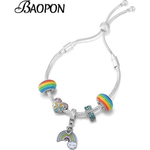 2021 Trendy Rainbow Of Love Beads Charm Bracelets With Silver Color Adjustable Chain Bracelet For Women Jewelry Gift Hot Sale