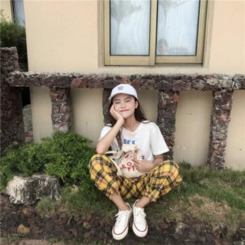 Summer Wild Loose Wide Leg Pants WomenS Casual Cropped Trousers Cotton Korean Yellow Plaid Wide Leg Pants WomenS Clothing