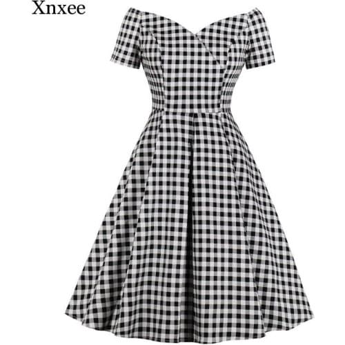 Summer Women Off Shoulder Short Sleeves Midi Dresses Casual Vintage Elegant Office Lady Plaid Female Fashion Retro Pleated Dress