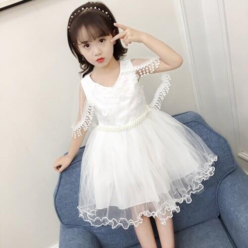 Hot Girls Summer Pearls Princess Vest Dress Childrens Shawl Embroidered Dance Dresses Kids Bow Lace Gauze Wedding Dresses X438