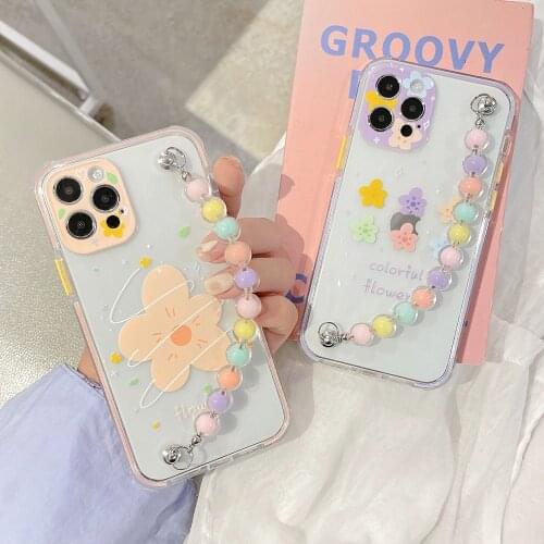 Korea Cute Flowers Colorful pearl Bracelet wrist chain case for iphone 12 Pro Max 11 XR X XS 7 8 plus SE 2020 Clear soft Cover