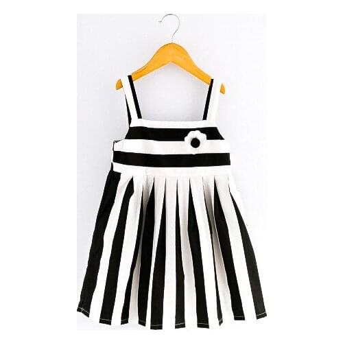 Fashion Girls Black White Striped Cotton Ruched Dress Clothing Kids Summer 3T-8T Cute Brooch A-Line Braces Dress SA1341