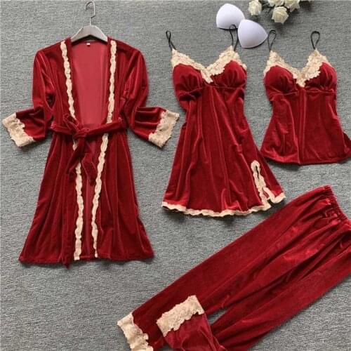 Fashion 2020 New 4 Pcs Pajamas Set For Women Sexy Nightwear + Sling Long-sleeved Sleepwear Female Pajamas Home Clothes Pyjama