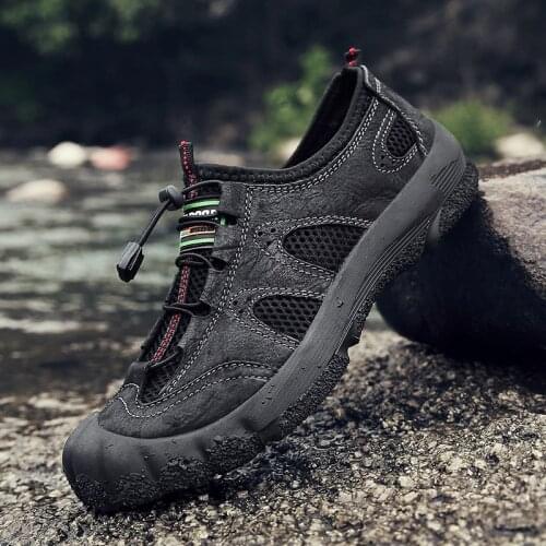 Mens Outdoor Sneakers Genuine Leather Walking Flat Shoes Plus Size Breathable Casual Shoes Footwear Non Slip Hiking Shoes