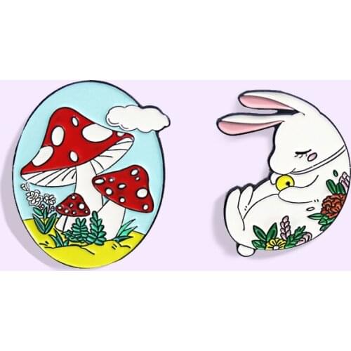2021 New Arrival Cartoon Red Mushroom House Sleeping Rabbit Enamel Pendant Childrens Cute Animal Pattern Plant Badge Jewelry Gi