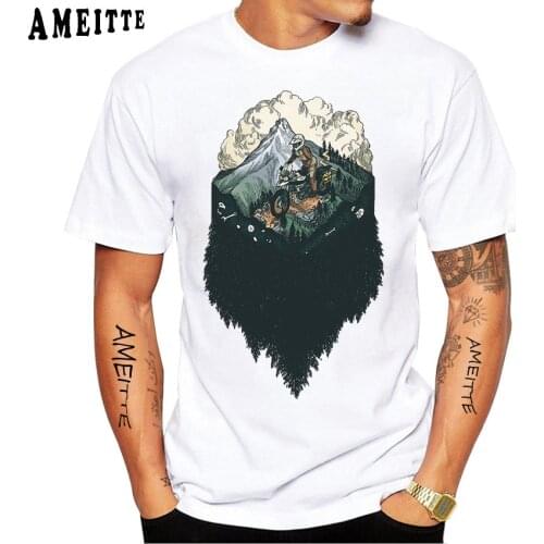 New Summer Men Short Sleeve Motorcycle Adventure In The Mountains Print T-Shirt Natural Art Boy Hipster Tops Bike Lovers Tees