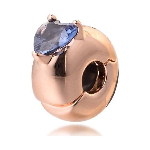 Valentines Day Blue Heart Solitaire Clip Rose Gold Jewelry Fits Original Charm Bracelet & Necklace Woman DIY Bead