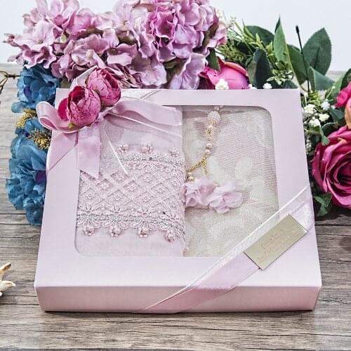 Gift Silk Prayer Rug, Pearl Rosary Rose, Shawl Gift Set Pink FREE SHİPPİNG