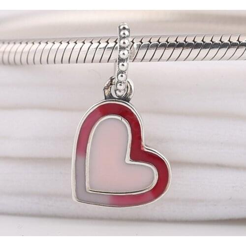 Authentic S925 Enamel Asymmetric Heart Of Love Pendant Hanging Bead Charm fit Lady Bracelet Bangle DIY Jewelry