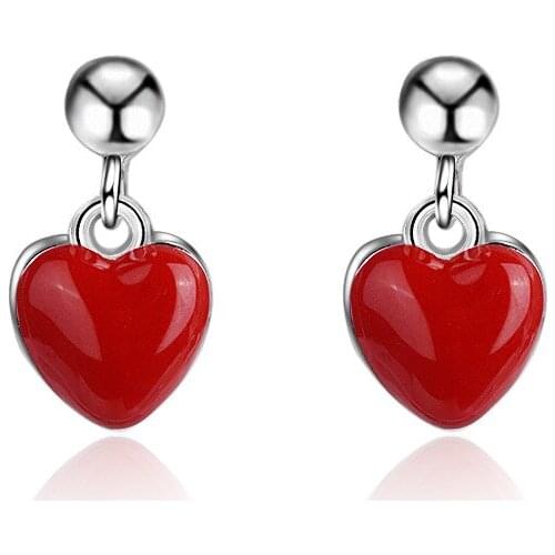 Romantic Red Love Heart 925 Sterling Silver Lady Stud Earrings Original Jewelry For Women Drop Shipping Cheap Gift No Fade
