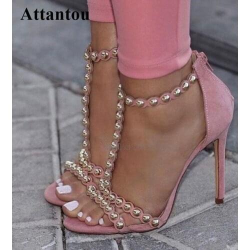 Sweet Design Elegant Pearls Decor High Heel Sandals Fashion Rivets Open Toe Stiletto Thin Heeled Sandals