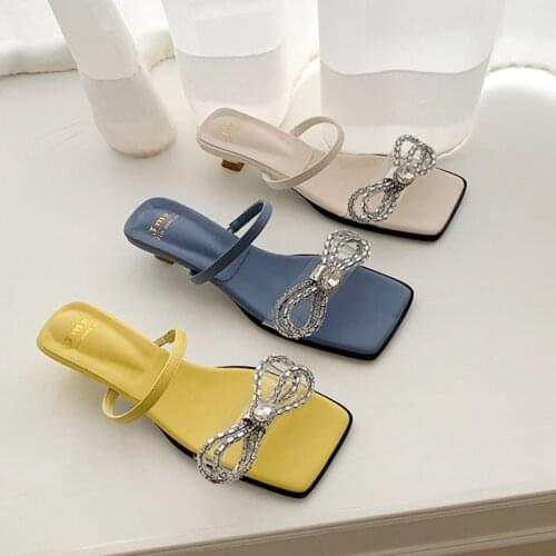 Women New Summer Slipper Fashion Crystal Bow-Knot Elegant Ladies Sandals Thin Low Heel Outdoor Dress Slides Casual Bech Flip Flo