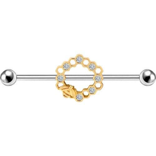 Body Punk 14G 316L Stainless Steel Industrial Barbell Honeycomb Industrial Bar Piercing Cute Bee Industrial Barbell Earring