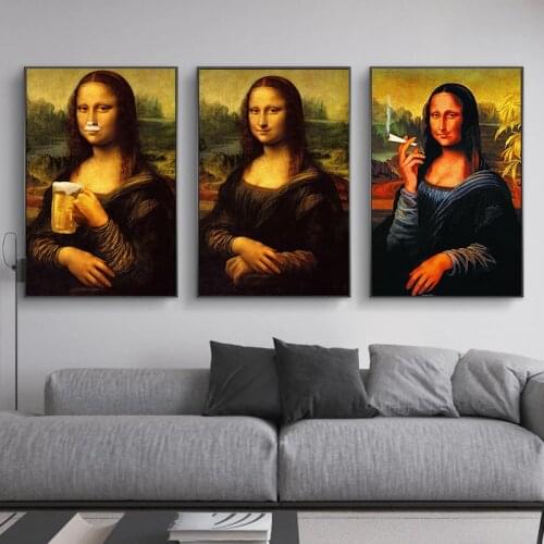 Funny Art Mona Lisa Drink and Smoking Canvas Posters Wall Art Pictures Da Vinci Famous Paintings on The Wall for Home Decor