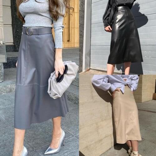 Stylish Women Solid Color Faux Leather High Waist Office Midi Skirt with Belt