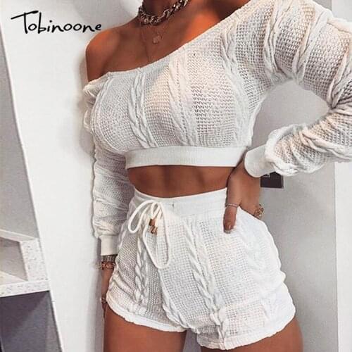 Tobinoone 2019 Sexy Off Shoulder Two Piece Set Bodycon 2 Piece Set Women Long Sleeve Top And Shorts Autumn Winter Women Sets