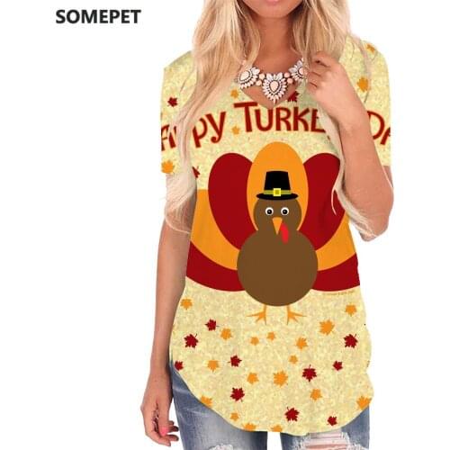 SOMEPET Thanksgiving T-shirt women Animal V-neck Tshirt Hip Hop Shirt Print Maple Leaf Tshirts Printed Womens Clothing Punk Rock